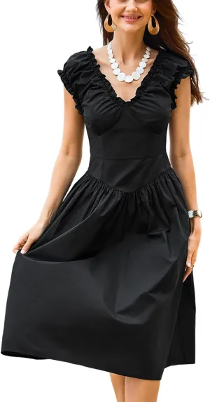 CUPSHE Women's Summer V Neck Midi Dress Sleeveless Ruffle A Line Beach Casual Sundress