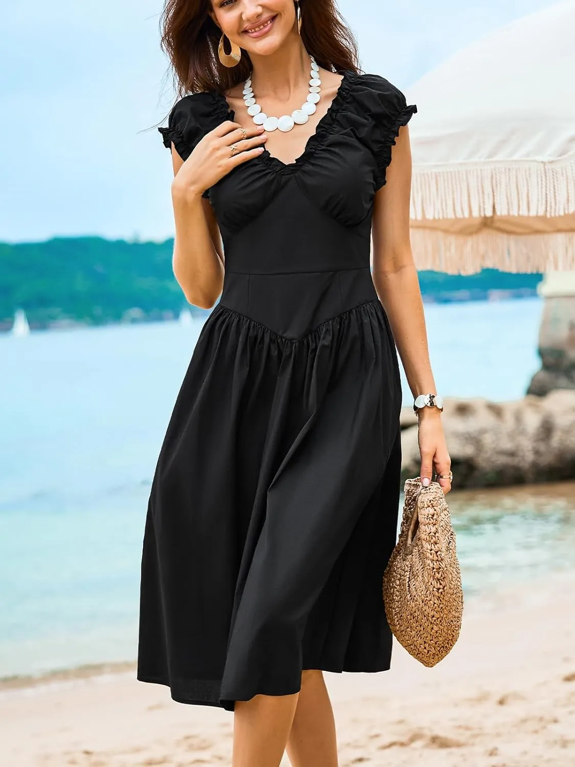 CUPSHE Women's Summer V Neck Midi Dress Sleeveless Ruffle A Line Beach Casual Sundress