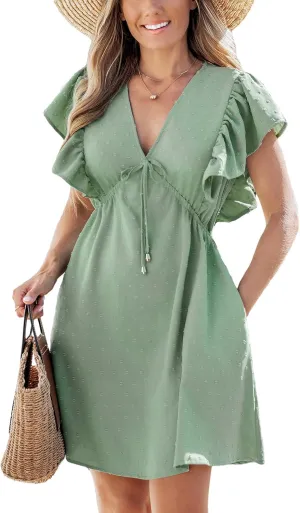 CUPSHE Women's Summer V Neck Swiss Dot Mini Dress Tie Waist Ruffle Short Sleeve Beach Short Sundress
