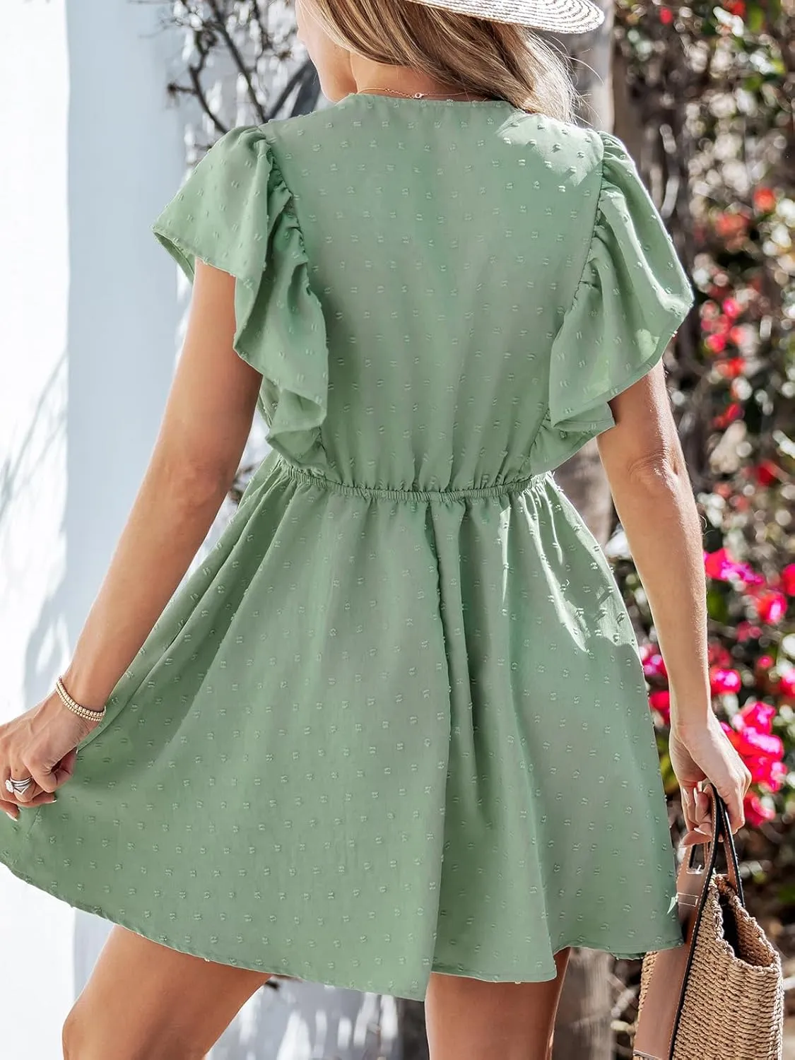 CUPSHE Women's Summer V Neck Swiss Dot Mini Dress Tie Waist Ruffle Short Sleeve Beach Short Sundress