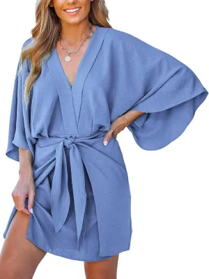 CUPSHE Women's V Neck Summer Dress 3/4 Kimono Sleeve Self Tie Pleated Loose Slit Mini Casual Dress