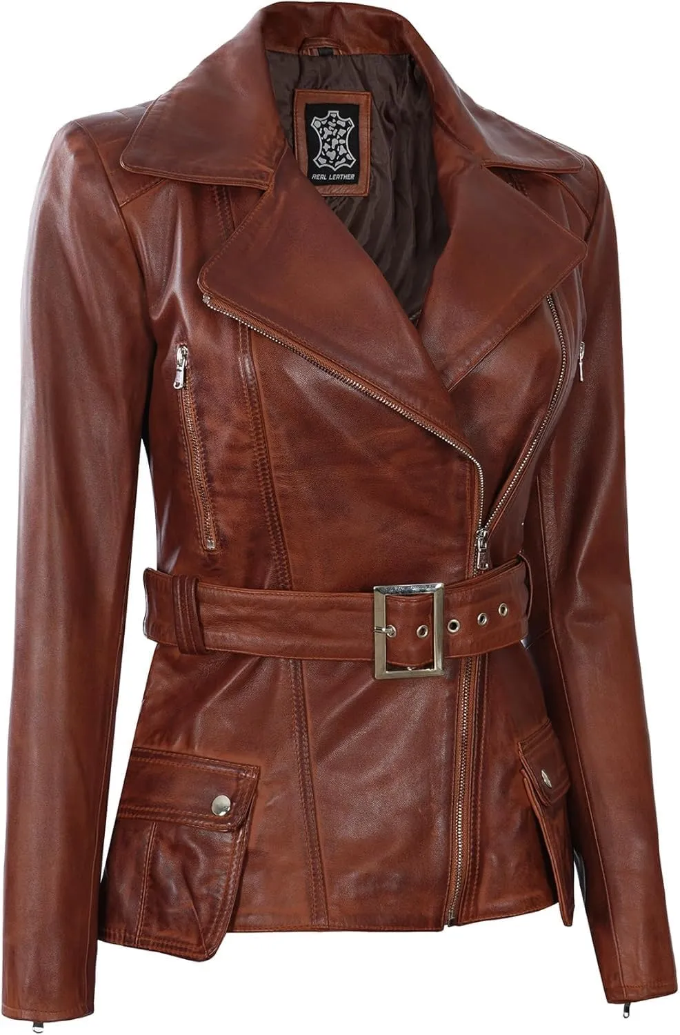 Decrum Asymmetrical Womens Leather Jacket - Belted Style Real Lambskin Leather Jackets For Women