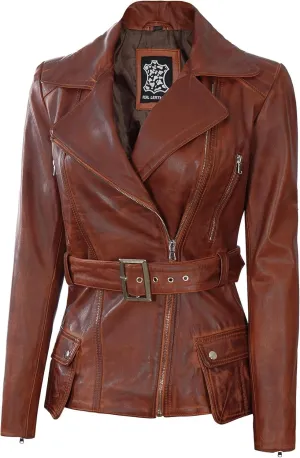 Decrum Asymmetrical Womens Leather Jacket - Belted Style Real Lambskin Leather Jackets For Women