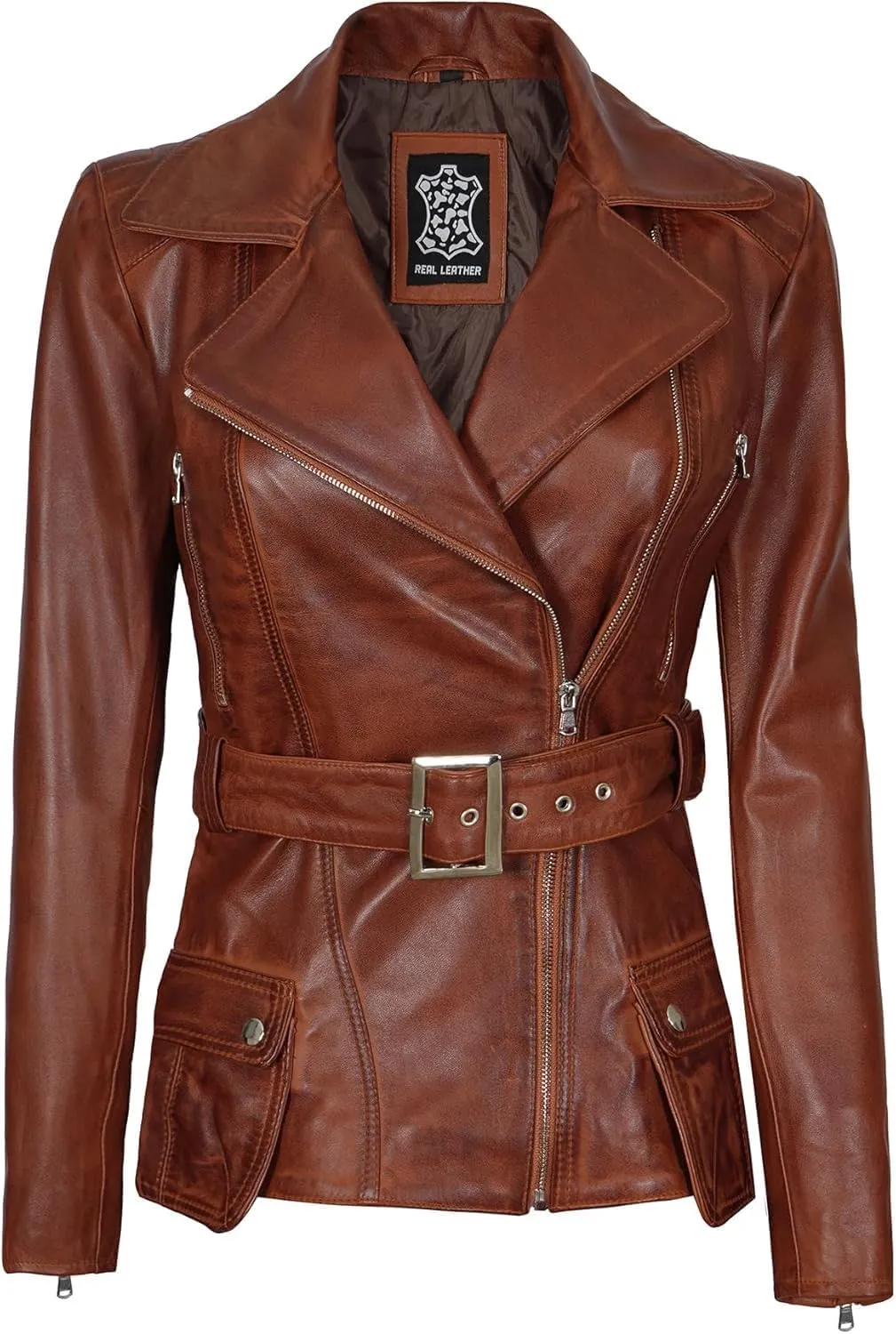 Decrum Asymmetrical Womens Leather Jacket - Belted Style Real Lambskin Leather Jackets For Women