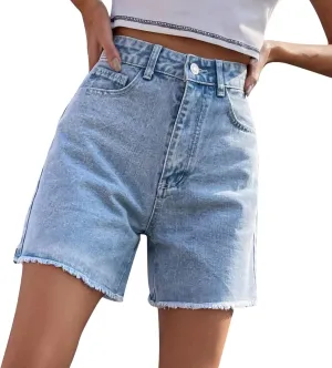 Denim Shorts for Women Summer Casual High Waisted Straight Leg Frayed Raw Hem Jeans Baggy Comfort Jeans with Pockets