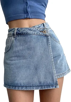Denim Shorts Women Casual High Waisted Solid Button Up Asymmetrical Denim Jean Skort Skirt Y2K Stretchy Mini Shorts