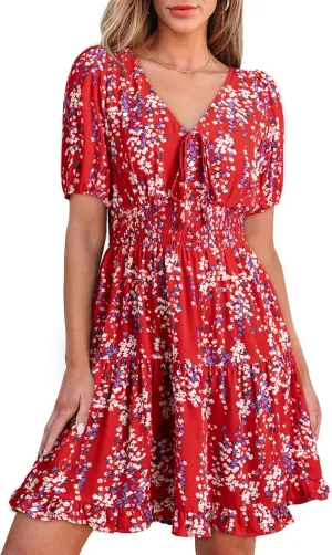 Dokotoo Womens Dresses 2025 Deep V Neck Lantern Sleeve Summer Dresses Shirred Elastic Waist A-Line Mini Dress