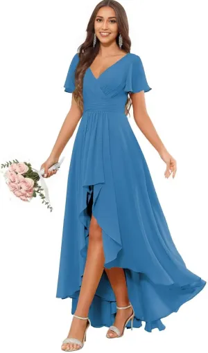 DREAMIND High Low Chiffon Bridesmaid Dress for Women V Neck Short Sleeve Evening Party Dresses with Pocket DD001