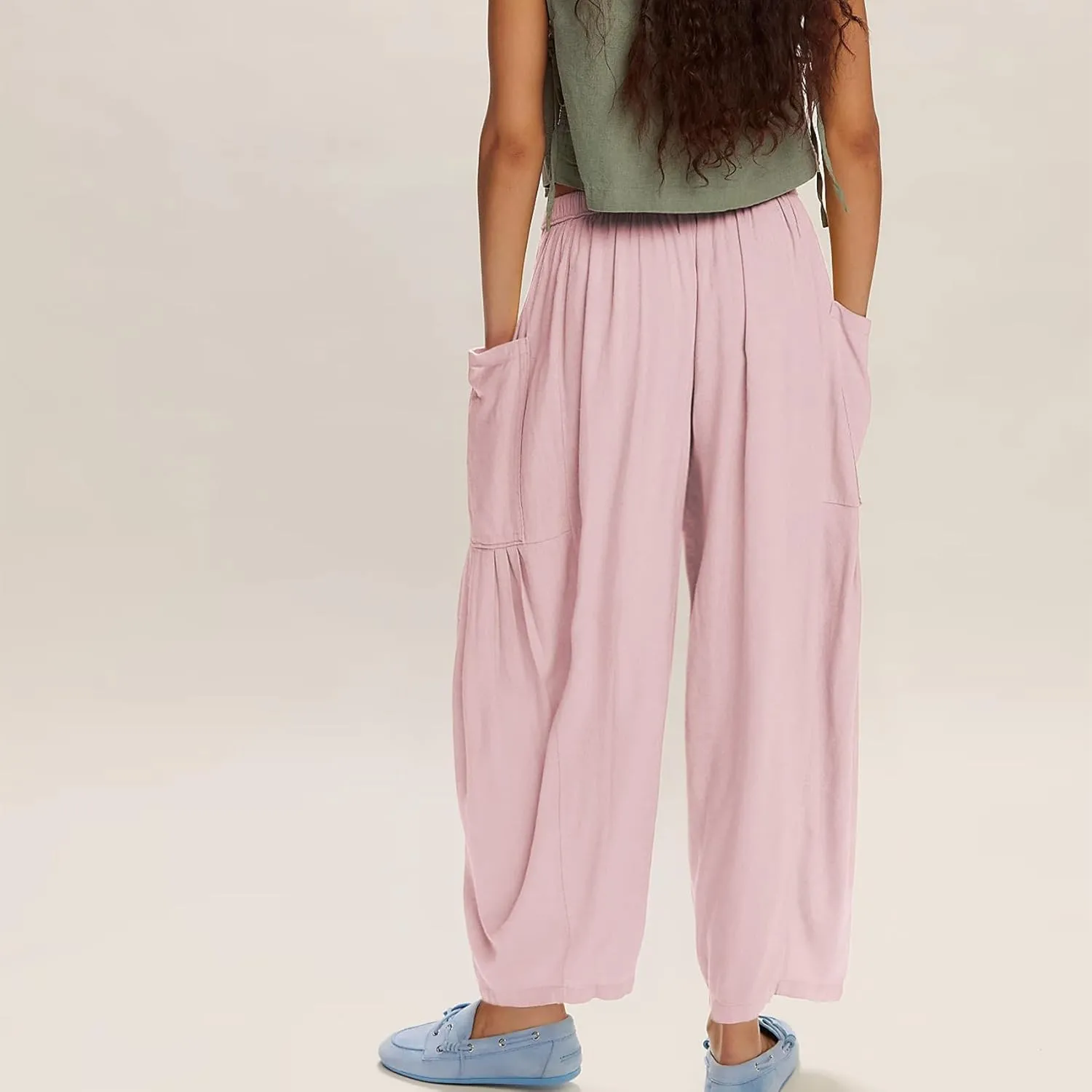Duyang Women Linen Wide Leg Pants Casual Summer Palazzo Pants Beach Vacation Outfits Flowy Loose Trousers with Pockets