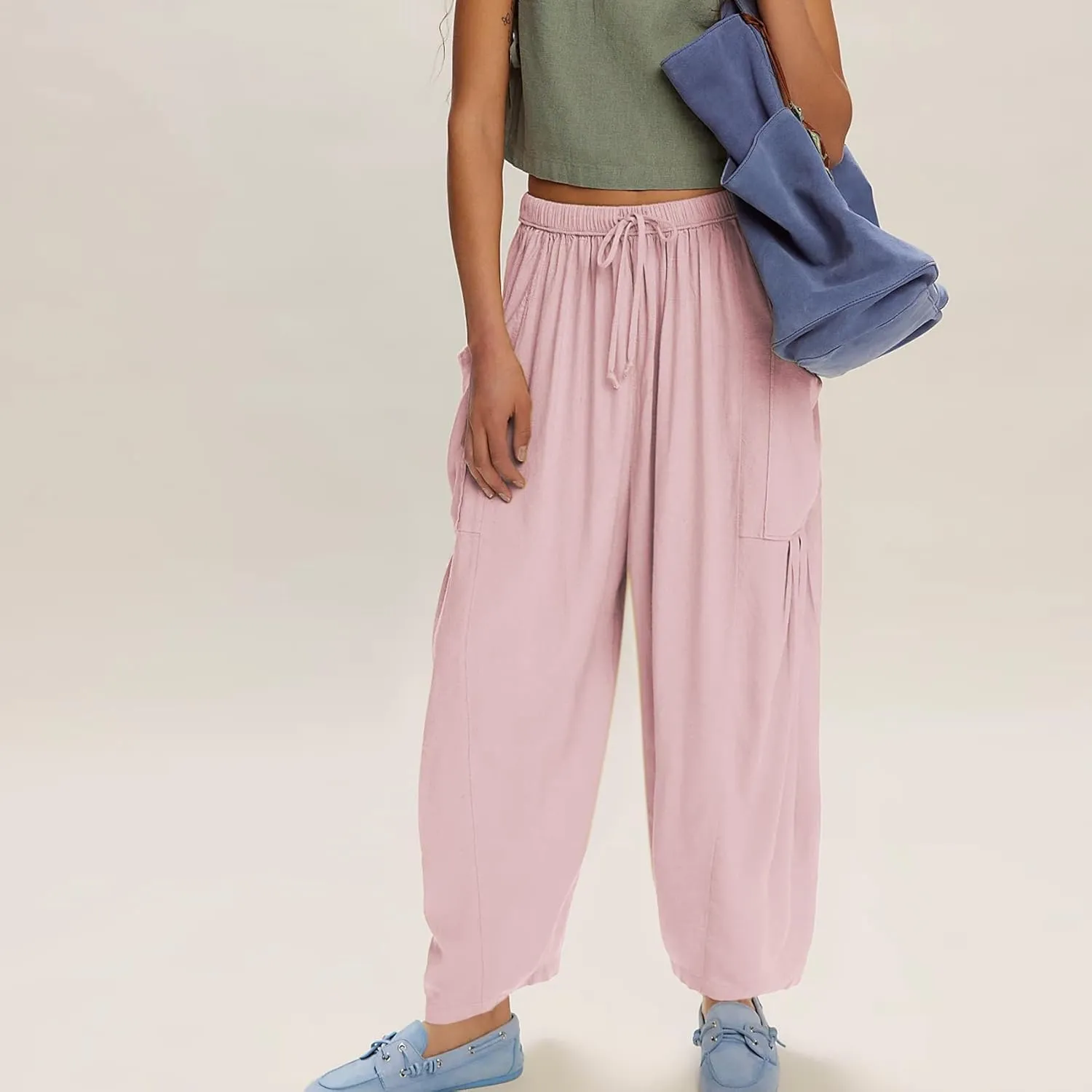 Duyang Women Linen Wide Leg Pants Casual Summer Palazzo Pants Beach Vacation Outfits Flowy Loose Trousers with Pockets