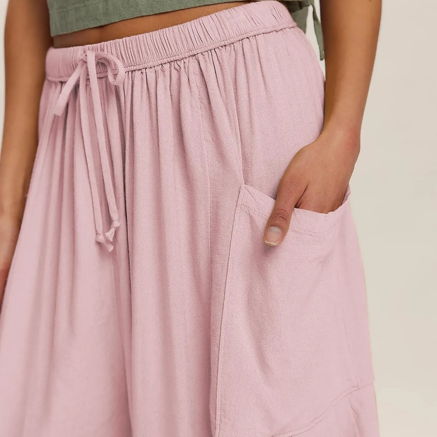 Duyang Women Linen Wide Leg Pants Casual Summer Palazzo Pants Beach Vacation Outfits Flowy Loose Trousers with Pockets