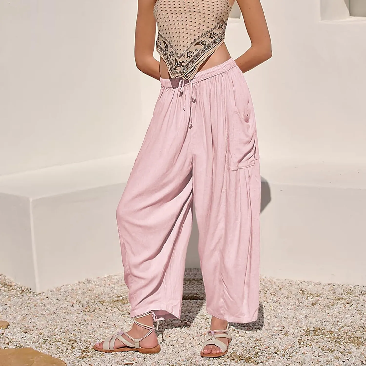 Duyang Women Linen Wide Leg Pants Casual Summer Palazzo Pants Beach Vacation Outfits Flowy Loose Trousers with Pockets