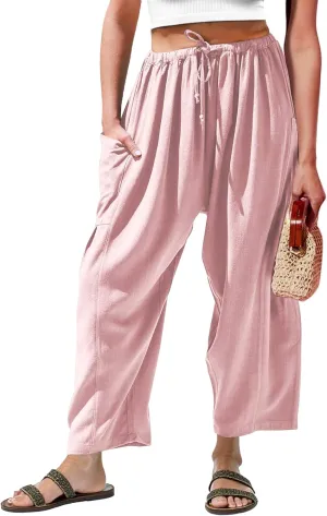 Duyang Women Linen Wide Leg Pants Casual Summer Palazzo Pants Beach Vacation Outfits Flowy Loose Trousers with Pockets