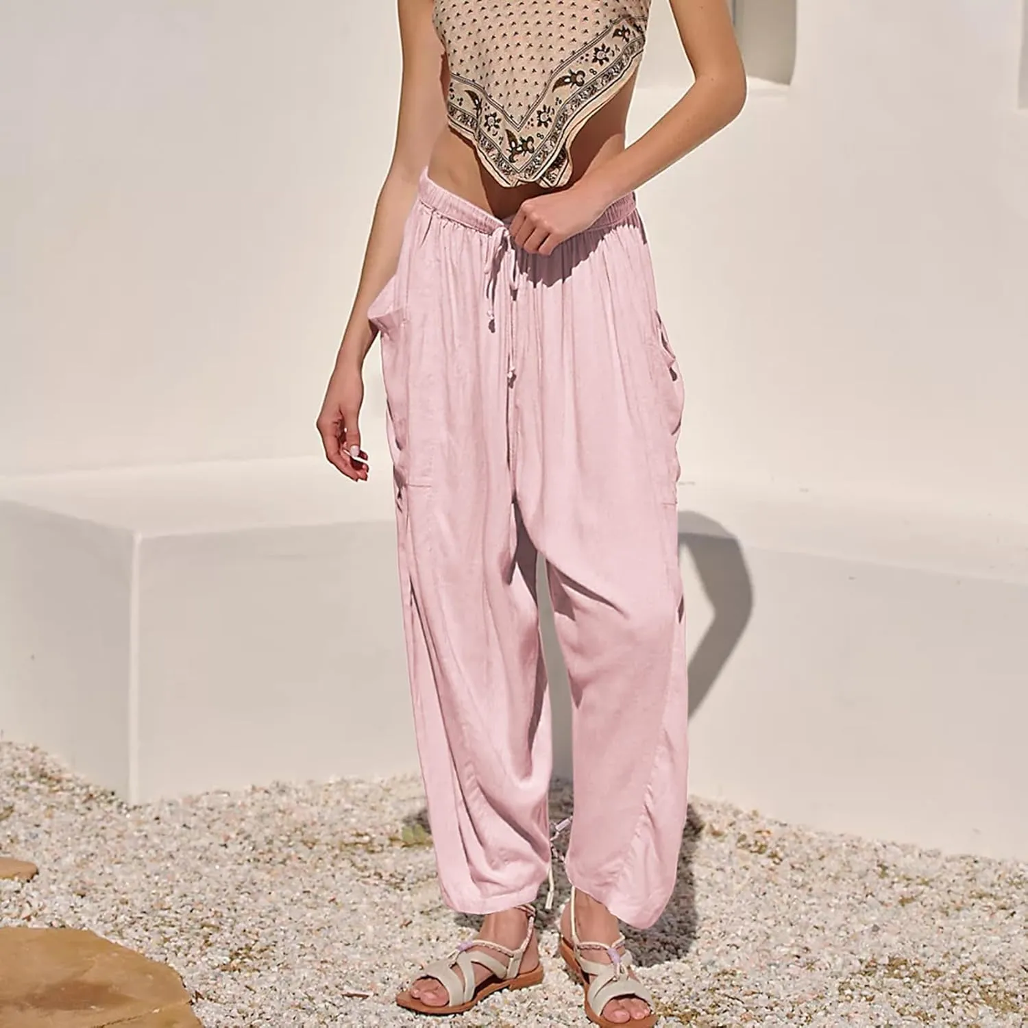Duyang Women Linen Wide Leg Pants Casual Summer Palazzo Pants Beach Vacation Outfits Flowy Loose Trousers with Pockets