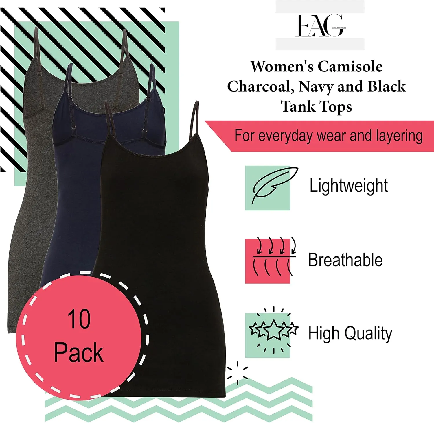 EAG Womens Camisole Tank Tops, Extra Long Adjustable Strap Camisoles, Cotton Undershirts for Women, 10 Pack, S-3XL
