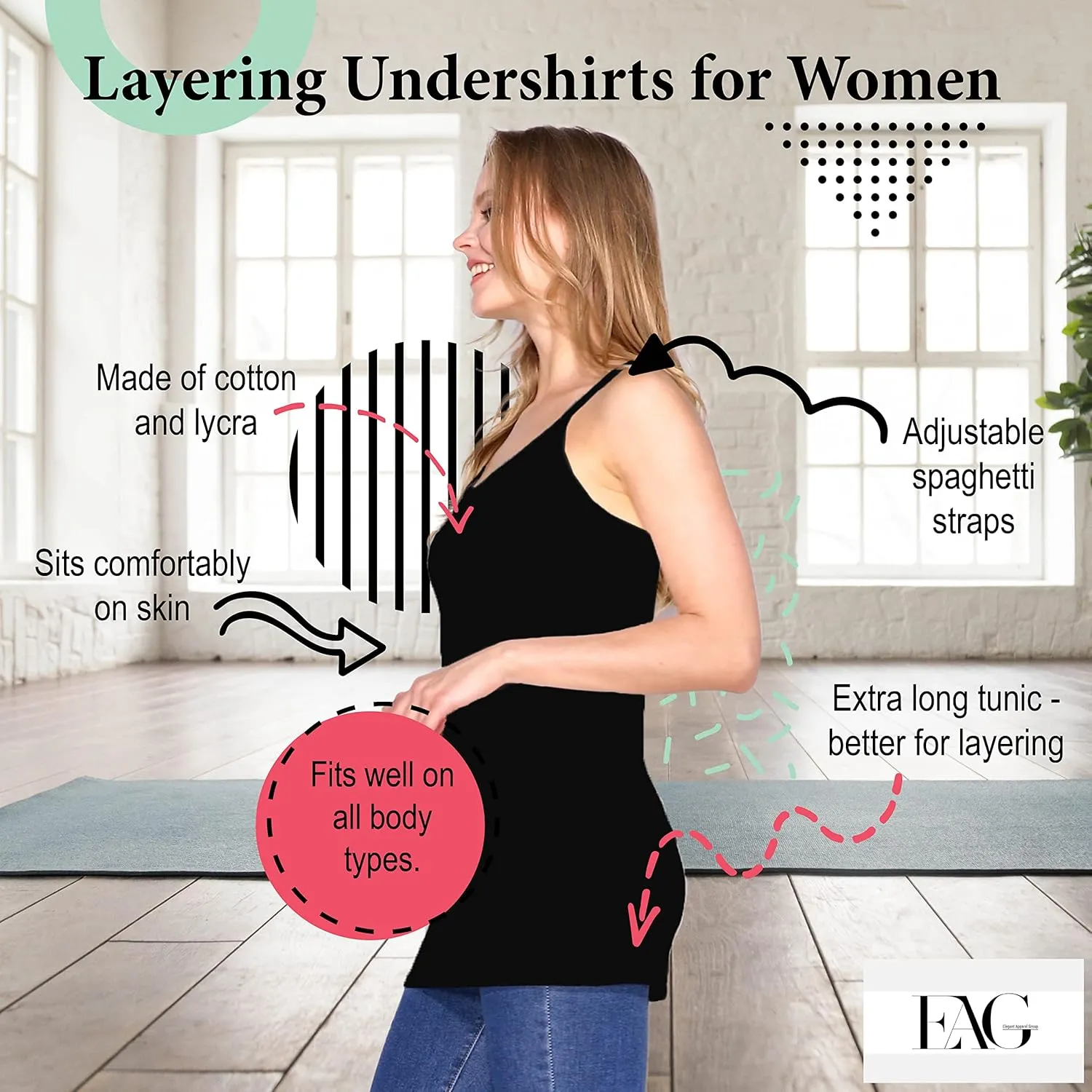 EAG Womens Camisole Tank Tops, Extra Long Adjustable Strap Camisoles, Cotton Undershirts for Women, 10 Pack, S-3XL