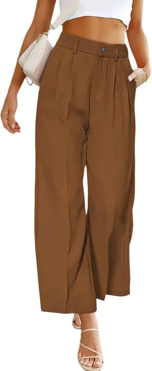 ebossy Women's High Waist Straight Wide Leg Pants Long Formal Trouser with Pockets