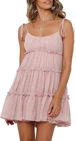 ebossy Women's Summer Floral Ruffle Swing Mini Dress Tied Spaghetti Strap Boho Cute Tiered Sundress