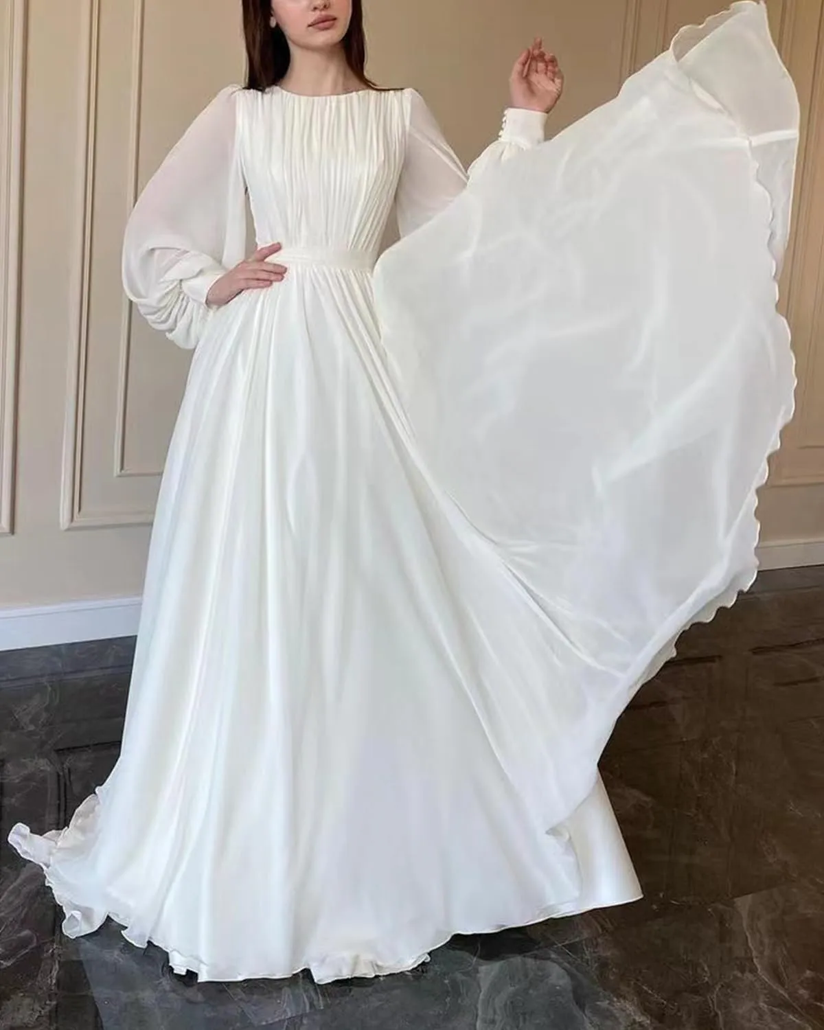 Elegant Chiffon Prom Dresses for Women with Sleeve Long Pleated Evening Gown A Line Crewneck Midi Dress M1003