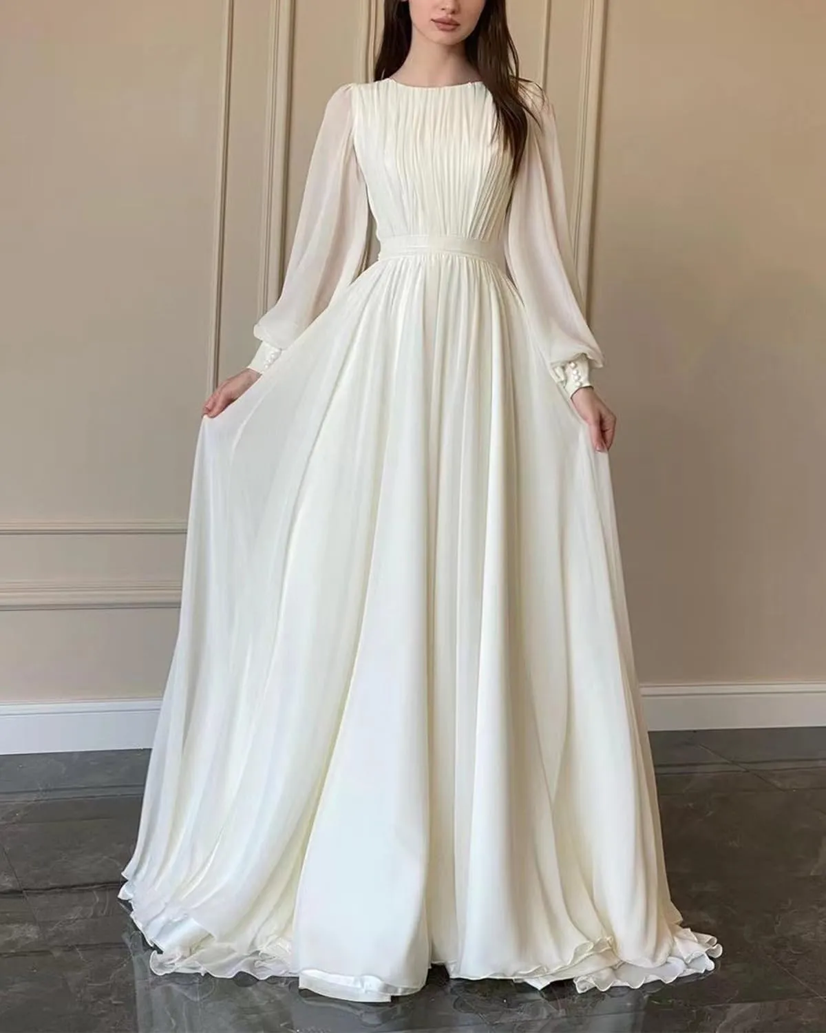 Elegant Chiffon Prom Dresses for Women with Sleeve Long Pleated Evening Gown A Line Crewneck Midi Dress M1003