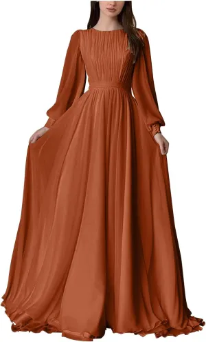 Elegant Chiffon Prom Dresses for Women with Sleeve Long Pleated Evening Gown A Line Crewneck Midi Dress M1003