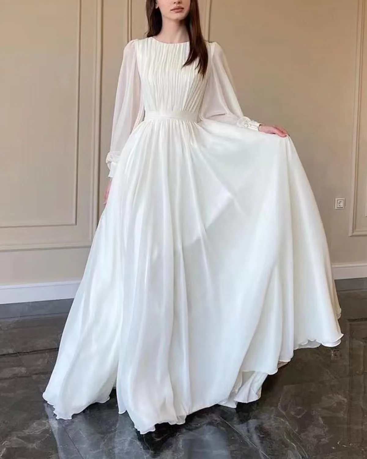 Elegant Chiffon Prom Dresses for Women with Sleeve Long Pleated Evening Gown A Line Crewneck Midi Dress M1003