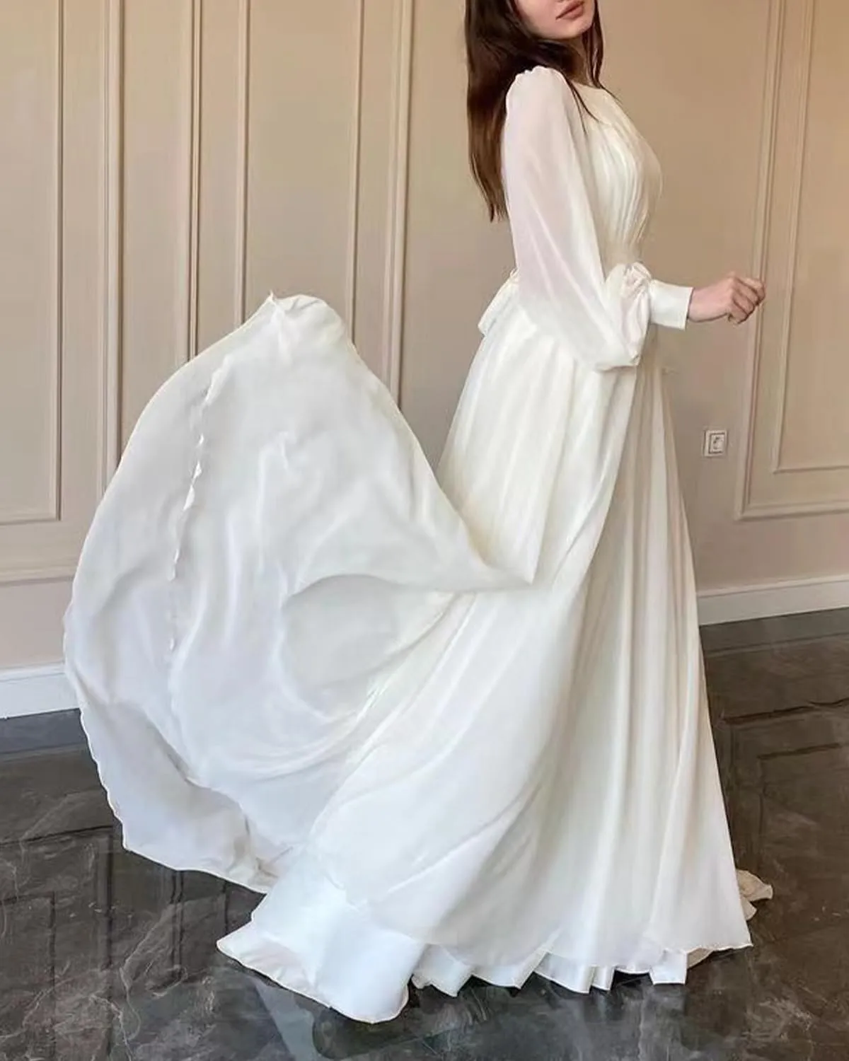 Elegant Chiffon Prom Dresses for Women with Sleeve Long Pleated Evening Gown A Line Crewneck Midi Dress M1003
