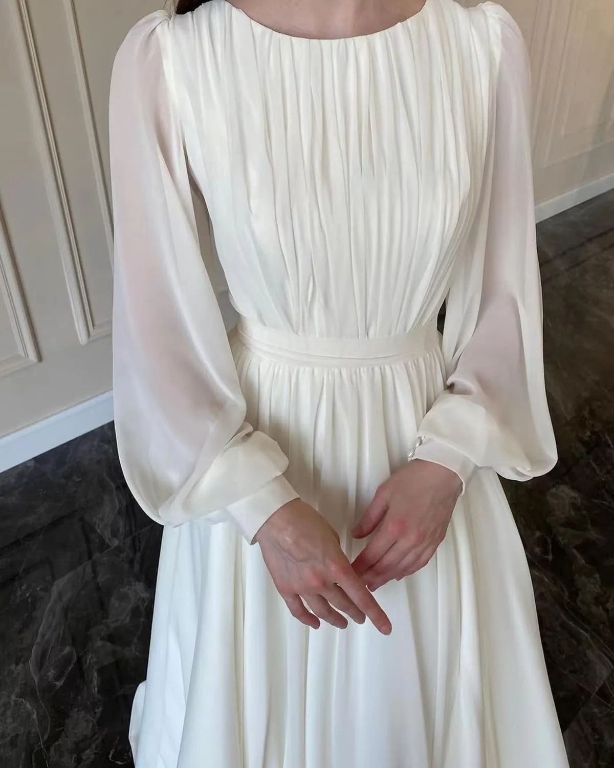 Elegant Chiffon Prom Dresses for Women with Sleeve Long Pleated Evening Gown A Line Crewneck Midi Dress M1003