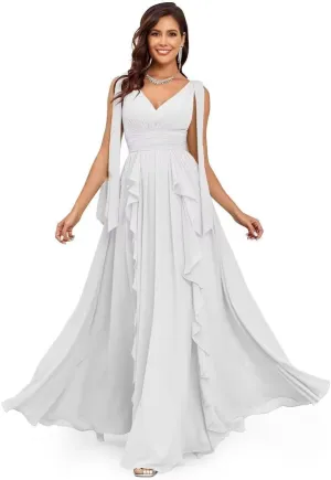 Elegant Long Chiffon Bridesmaid Dress V-Neck Formal Wedding Guest Gown with Ruffles Evening Dress for Women