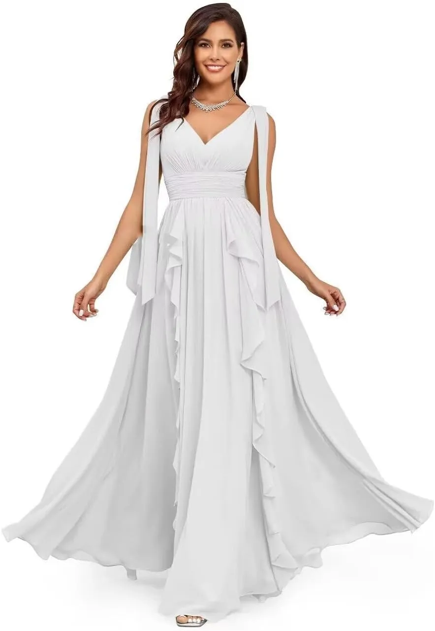 Elegant Long Chiffon Bridesmaid Dress V-Neck Formal Wedding Guest Gown with Ruffles Evening Dress for Women