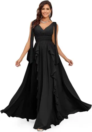 Elegant Long Chiffon Bridesmaid Dress V-Neck Formal Wedding Guest Gown with Ruffles Evening Dress for Women