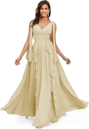 Elegant Long Chiffon Bridesmaid Dress V-Neck Formal Wedding Guest Gown with Ruffles Evening Dress for Women