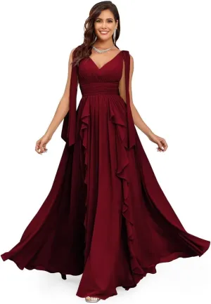 Elegant Long Chiffon Bridesmaid Dress V-Neck Formal Wedding Guest Gown with Ruffles Evening Dress for Women