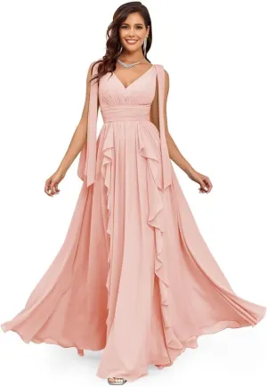 Elegant Long Chiffon Bridesmaid Dress V-Neck Formal Wedding Guest Gown with Ruffles Evening Dress for Women