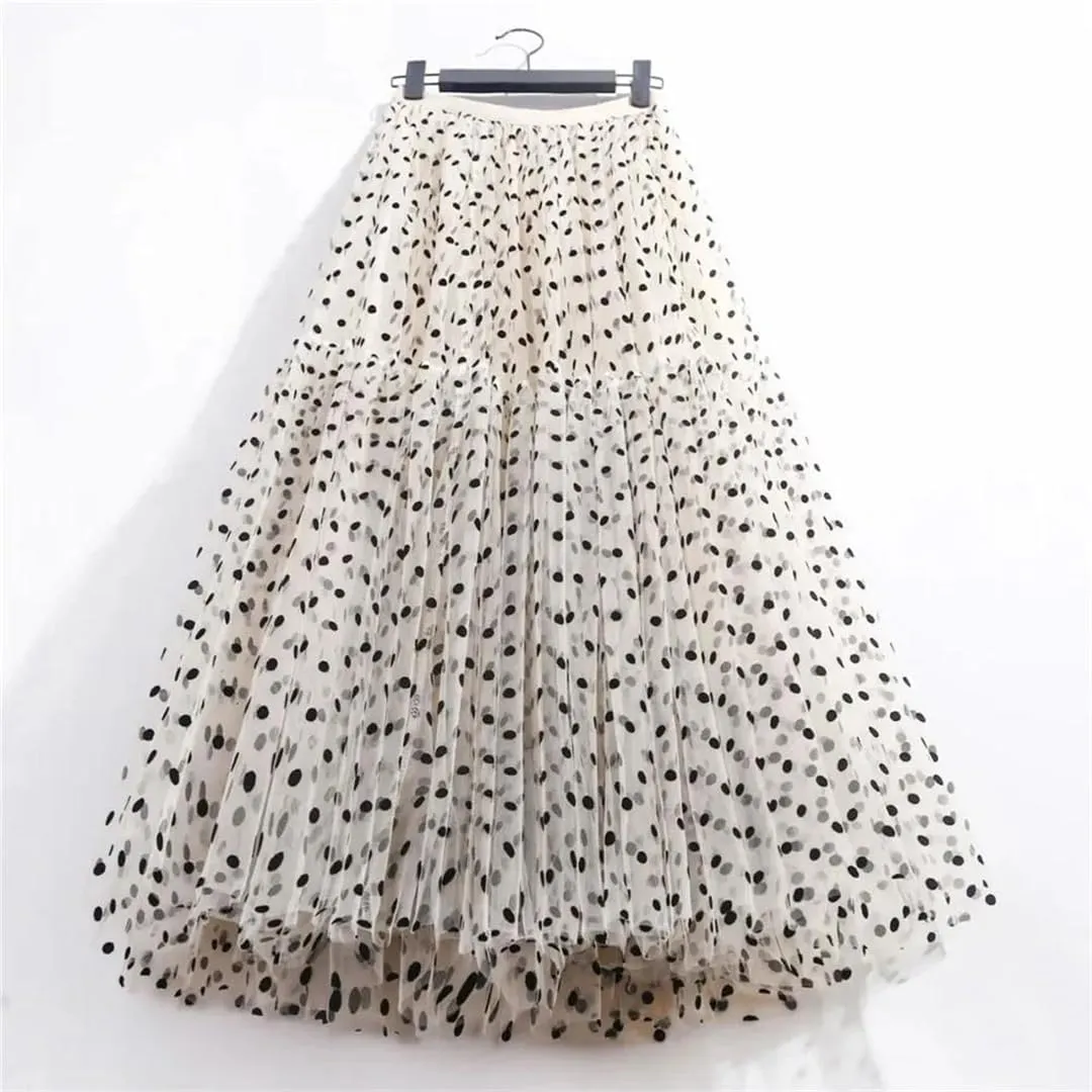 Elegant Women Polka Dot Tulle Skirts Casual Mesh Elastic High Waist A-Line Skirt Party Midi Pleated Skirt