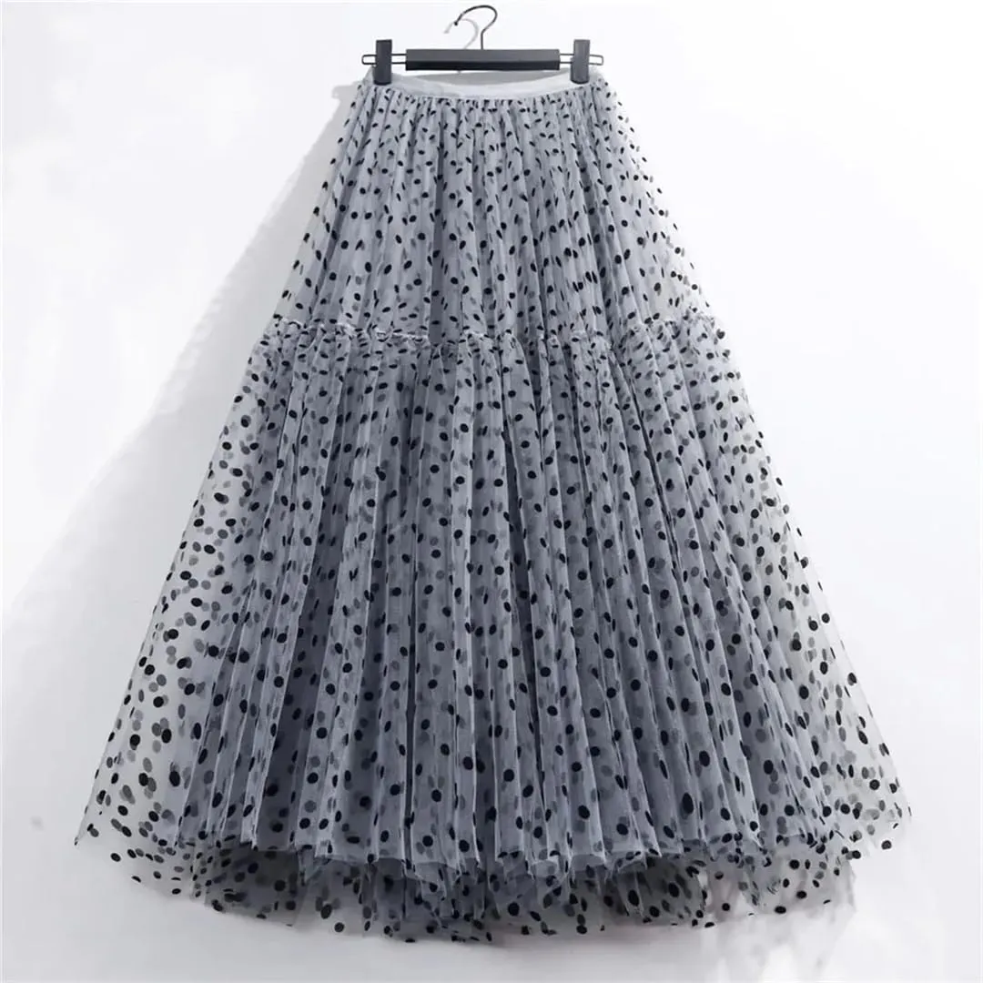 Elegant Women Polka Dot Tulle Skirts Casual Mesh Elastic High Waist A-Line Skirt Party Midi Pleated Skirt