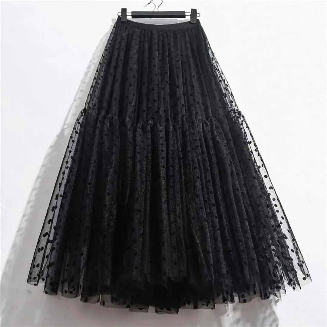 Elegant Women Polka Dot Tulle Skirts Casual Mesh Elastic High Waist A-Line Skirt Party Midi Pleated Skirt