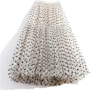 Elegant Women Polka Dot Tulle Skirts Casual Mesh Elastic High Waist A-Line Skirt Party Midi Pleated Skirt