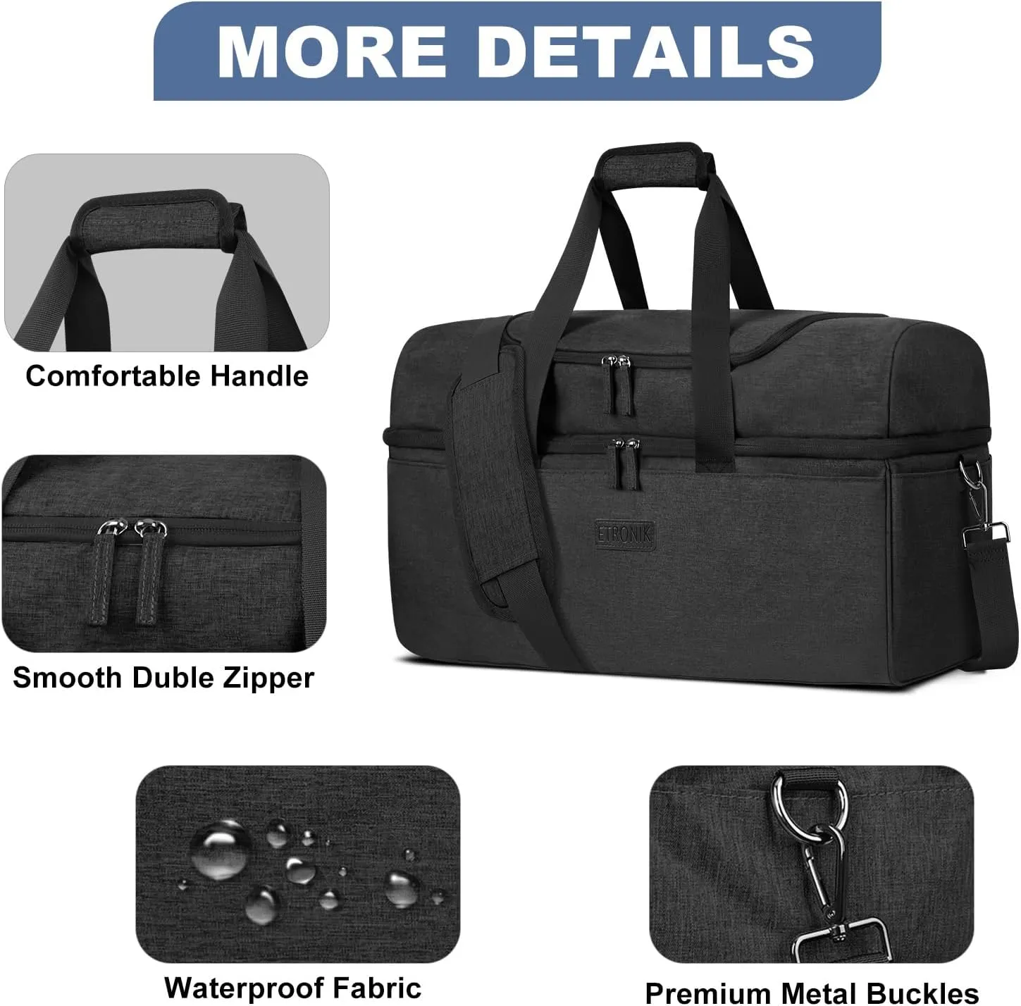 ETRONIK Travel Bag for Men Women - Carry On Duffle with Shoe Compartment, Toiletry Bag Included, Overnight Weekender in Black