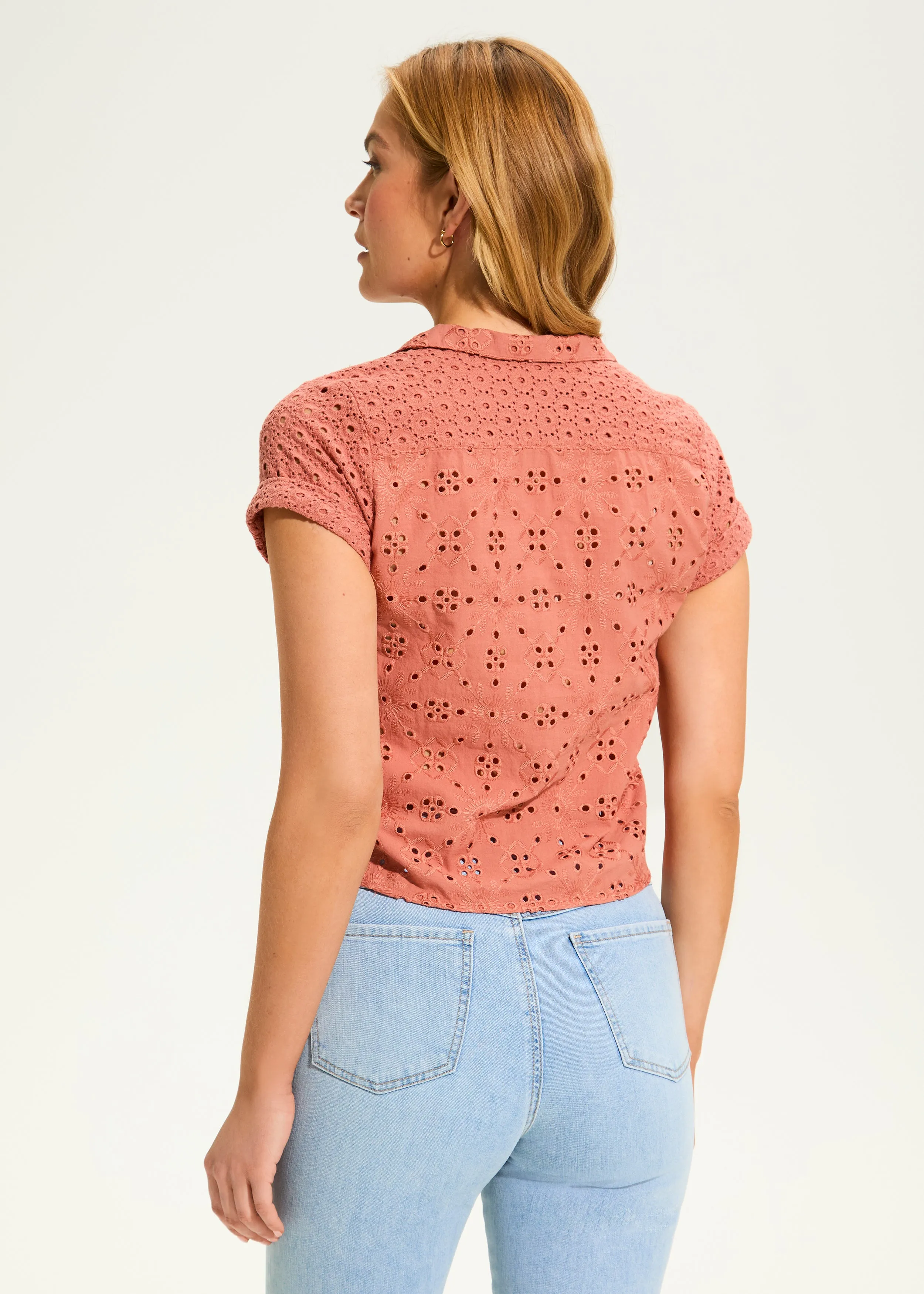 Eyelet Lace Short-Sleeve Top, Clay