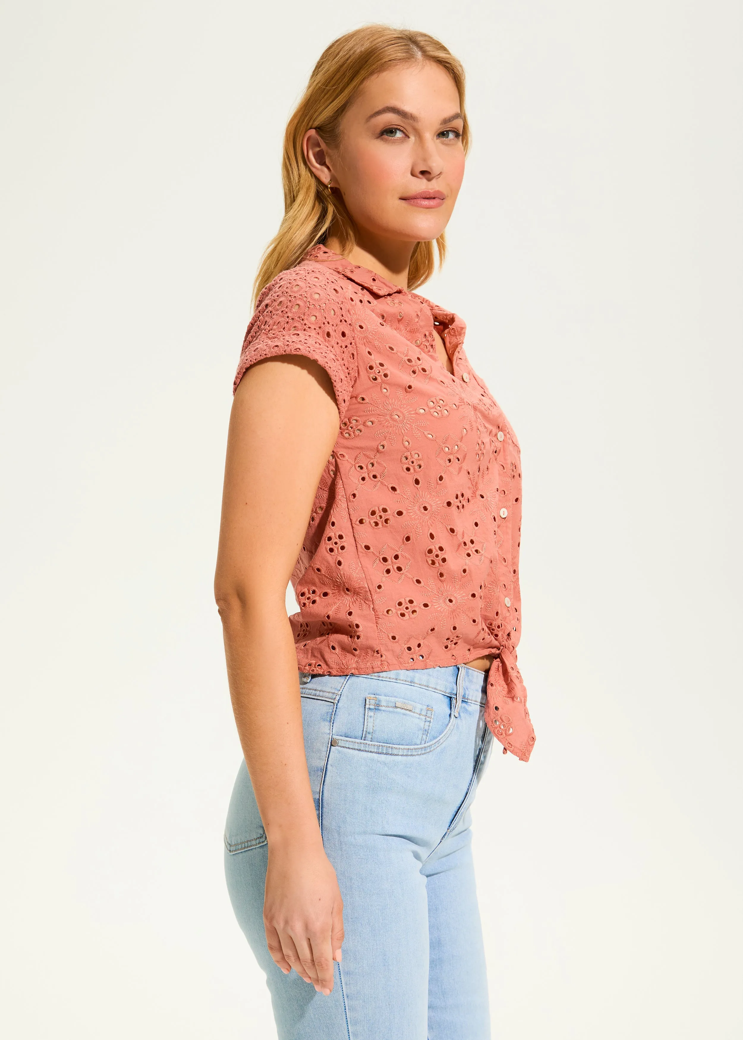 Eyelet Lace Short-Sleeve Top, Clay
