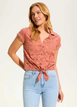 Eyelet Lace Short-Sleeve Top, Clay