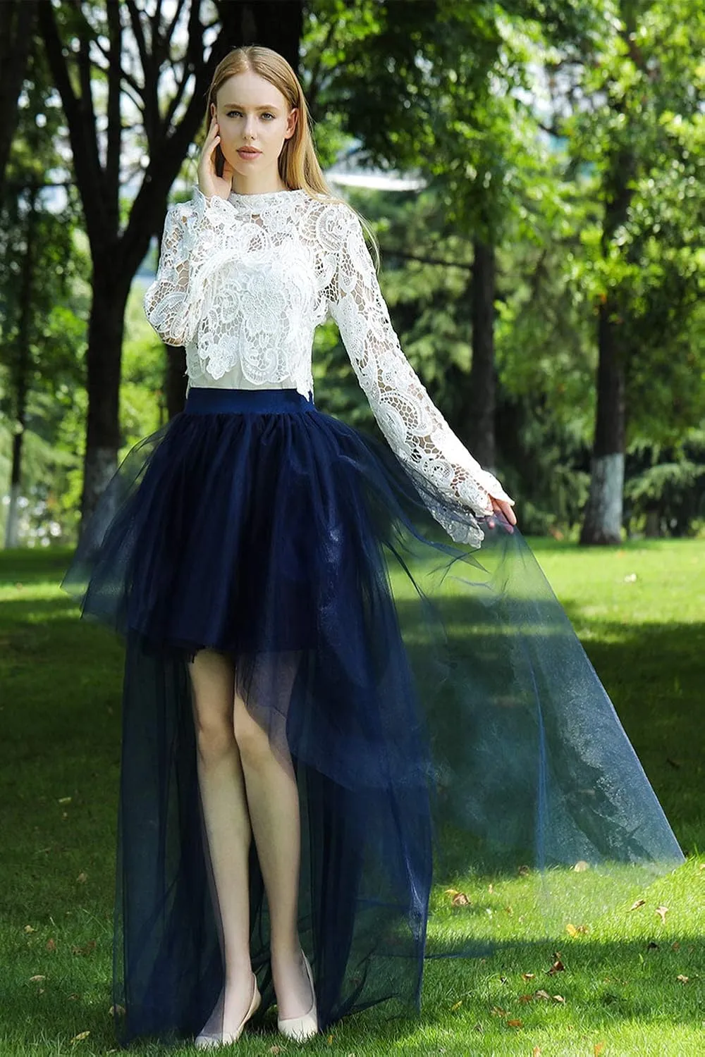 FEOYA Women High Low Tutu Skirts Layered Mesh Tulle Skirt Princess Wedding Evening Prom Dovetail Skirts