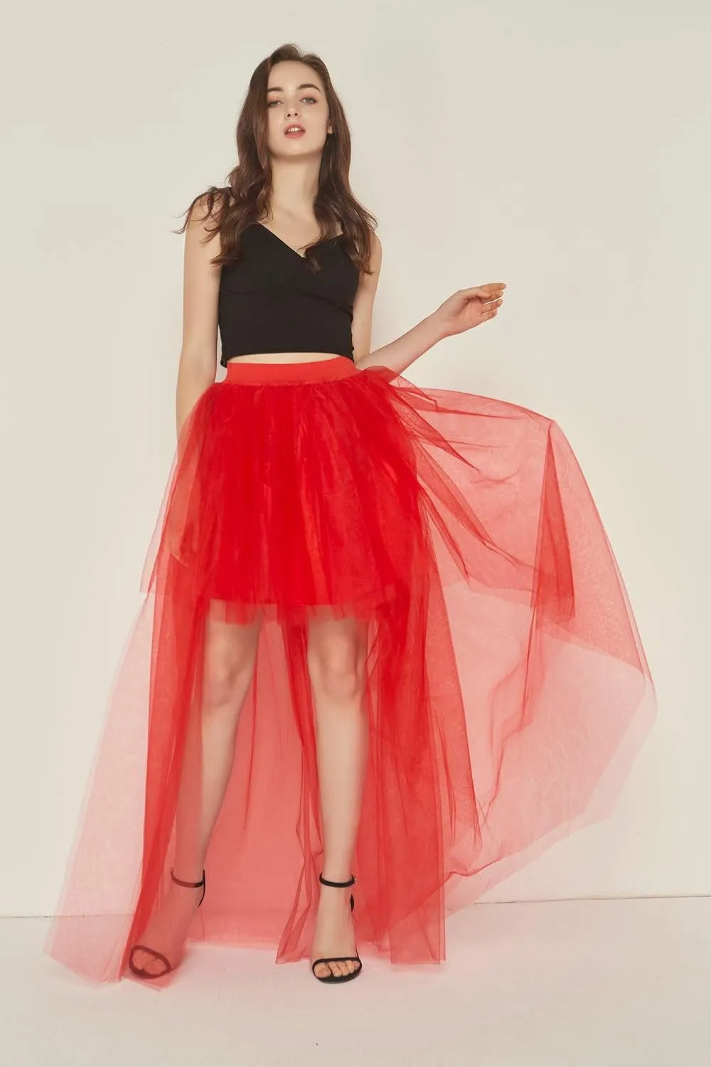 FEOYA Women High Low Tutu Skirts Layered Mesh Tulle Skirt Princess Wedding Evening Prom Dovetail Skirts