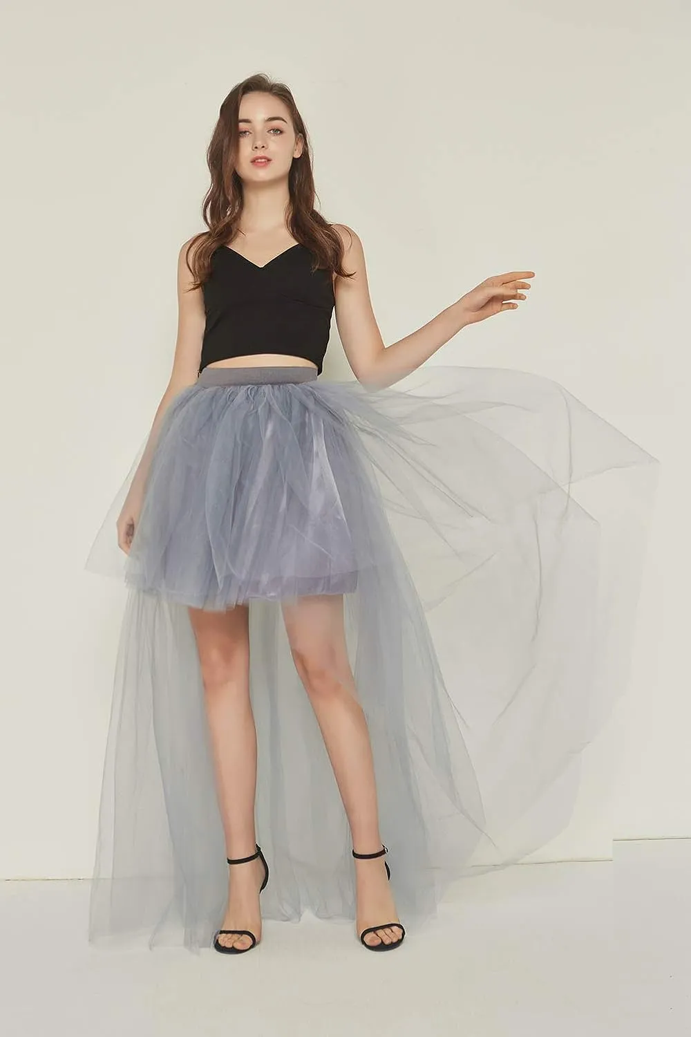 FEOYA Women High Low Tutu Skirts Layered Mesh Tulle Skirt Princess Wedding Evening Prom Dovetail Skirts