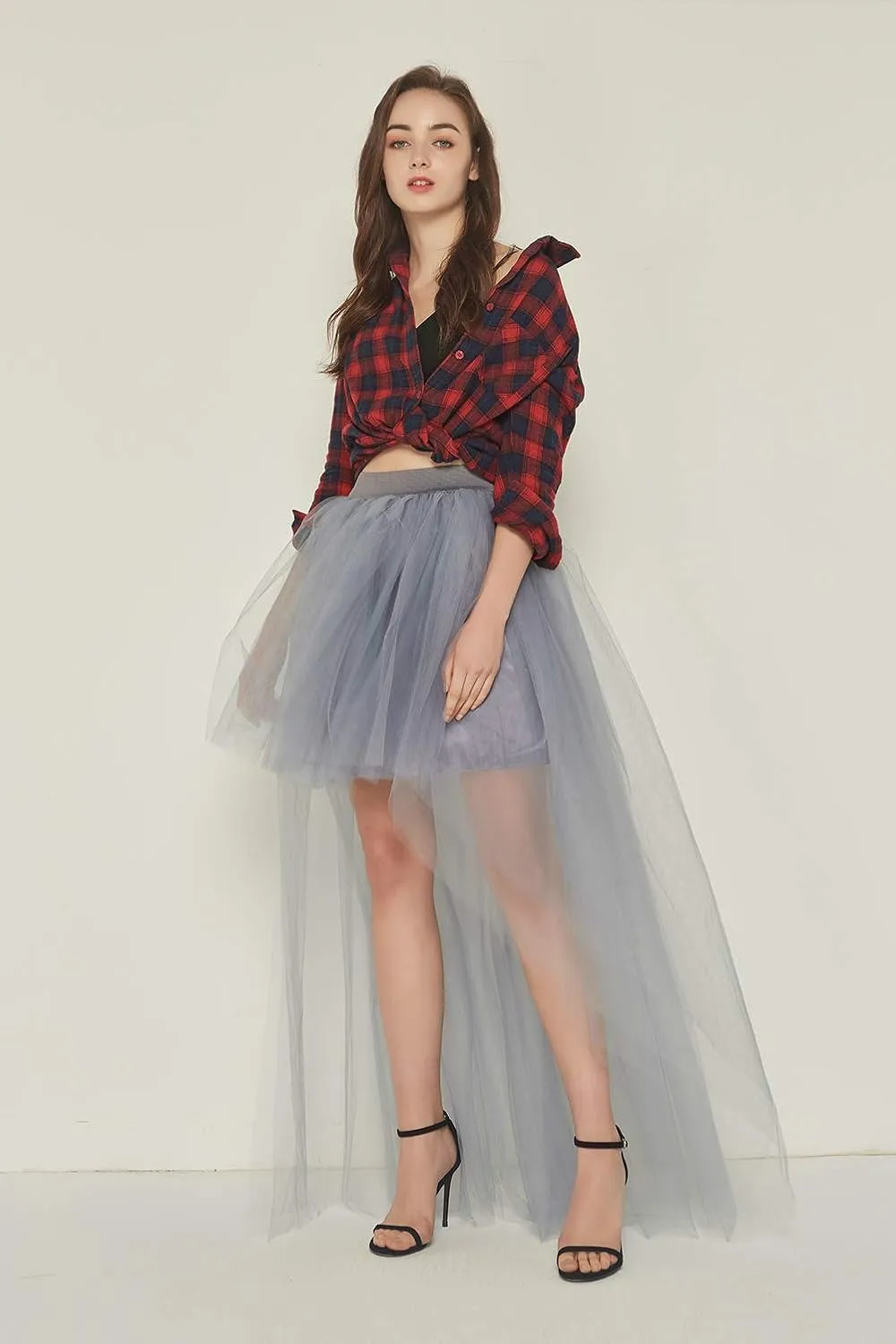 FEOYA Women High Low Tutu Skirts Layered Mesh Tulle Skirt Princess Wedding Evening Prom Dovetail Skirts