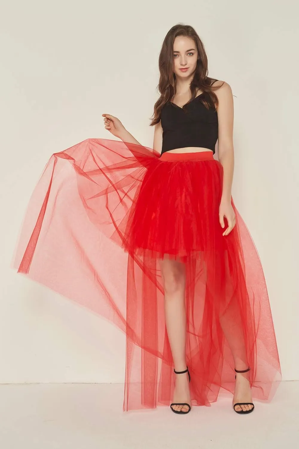 FEOYA Women High Low Tutu Skirts Layered Mesh Tulle Skirt Princess Wedding Evening Prom Dovetail Skirts