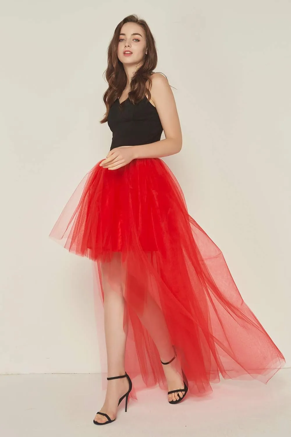 FEOYA Women High Low Tutu Skirts Layered Mesh Tulle Skirt Princess Wedding Evening Prom Dovetail Skirts