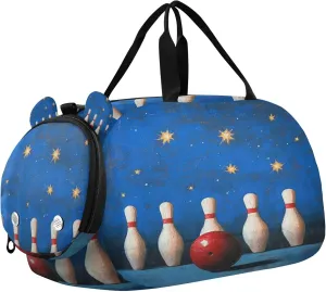 Five Bowling Pins and Bowling Ball Sports Duffle Bag for Teens Girls Boys, Gym Bag with Shoe Compartment, Kids Travel Overnight Weekender Shoulder Bag