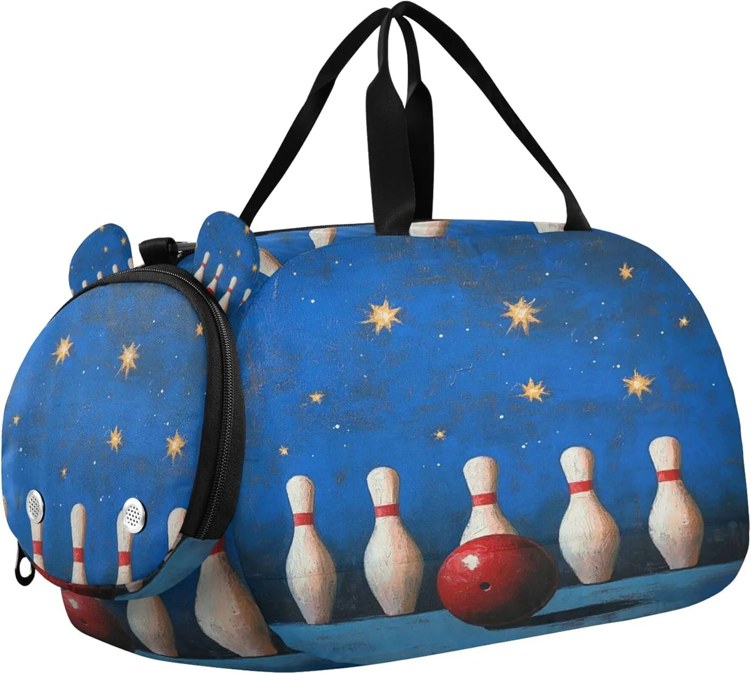Five Bowling Pins and Bowling Ball Sports Duffle Bag for Teens Girls Boys, Gym Bag with Shoe Compartment, Kids Travel Overnight Weekender Shoulder Bag